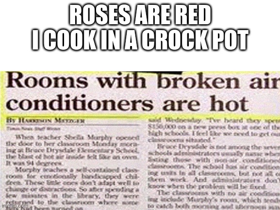ROSES ARE RED
I COOK IN A CROCK POT | image tagged in funny memes,poem,rhymes | made w/ Imgflip meme maker