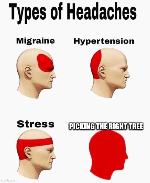 Headaches | PICKING THE RIGHT TREE | image tagged in headaches | made w/ Imgflip meme maker