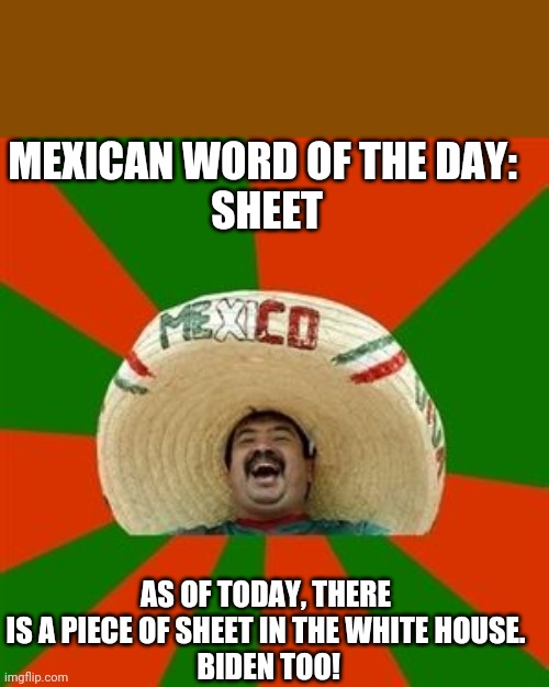 Sheet | MEXICAN WORD OF THE DAY: 
SHEET; AS OF TODAY, THERE IS A PIECE OF SHEET IN THE WHITE HOUSE.
 BIDEN TOO! | image tagged in mexican word of the day | made w/ Imgflip meme maker