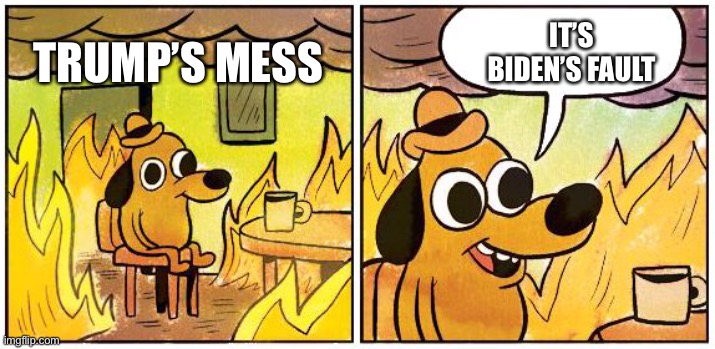 This is Fine (Blank) | IT’S BIDEN’S FAULT TRUMP’S MESS | image tagged in this is fine blank | made w/ Imgflip meme maker