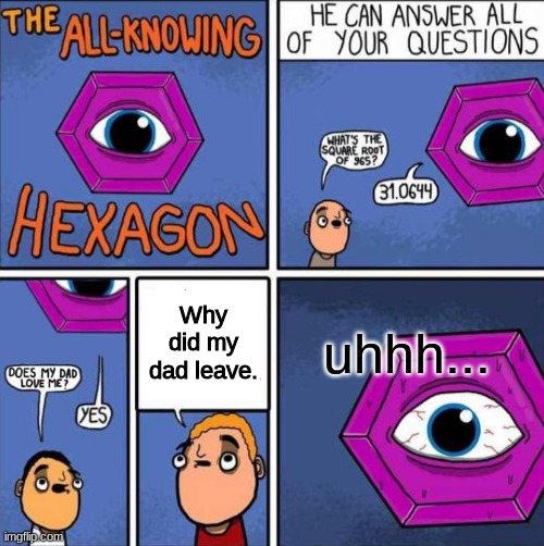 All knowing hexagon (ORIGINAL) | Why did my dad leave. uhhh... | image tagged in all knowing hexagon original | made w/ Imgflip meme maker