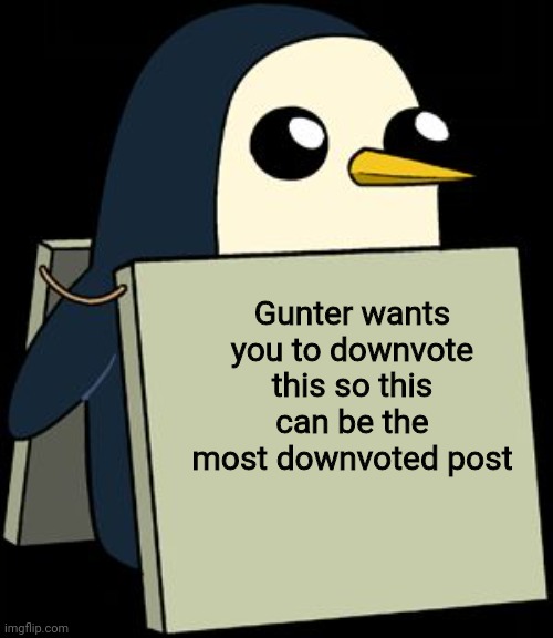 I need downvotes! | Gunter wants you to downvote this so this can be the most downvoted post | image tagged in gunter penguin blank sign | made w/ Imgflip meme maker