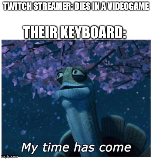 r.i.p to all the dead keyboards out there | THEIR KEYBOARD:; TWITCH STREAMER: DIES IN A VIDEOGAME | image tagged in my time has come,rip,keyboard,gifs,computer,twitch | made w/ Imgflip meme maker