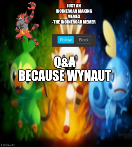 incineroars new announcement | Q&A BECAUSE WYNAUT | image tagged in incineroars new announcement | made w/ Imgflip meme maker