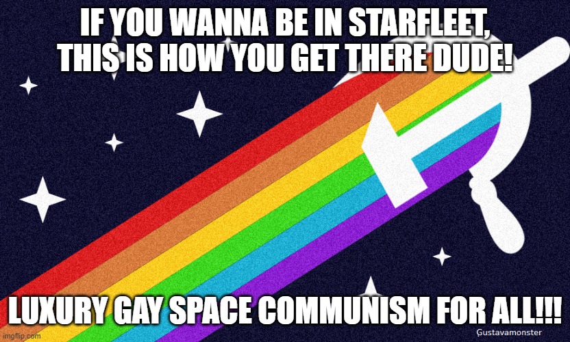 IF YOU WANNA BE IN STARFLEET, THIS IS HOW YOU GET THERE DUDE! LUXURY GAY SPACE COMMUNISM FOR ALL!!! | image tagged in space force,gay communism,starfleet | made w/ Imgflip meme maker