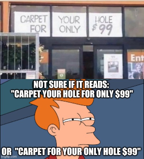 Hmmm.... | NOT SURE IF IT READS:  "CARPET YOUR HOLE FOR ONLY $99"; OR  "CARPET FOR YOUR ONLY HOLE $99" | image tagged in not sure if,this or that | made w/ Imgflip meme maker