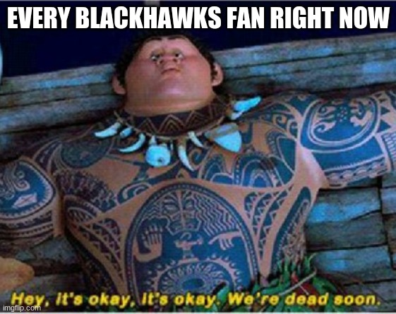 Need any help? I could be a mod if you want. | EVERY BLACKHAWKS FAN RIGHT NOW | image tagged in maui we're dead soon | made w/ Imgflip meme maker
