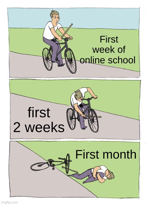 Online skool | First week of online school; first 2 weeks; First month | image tagged in memes,bike fall | made w/ Imgflip meme maker