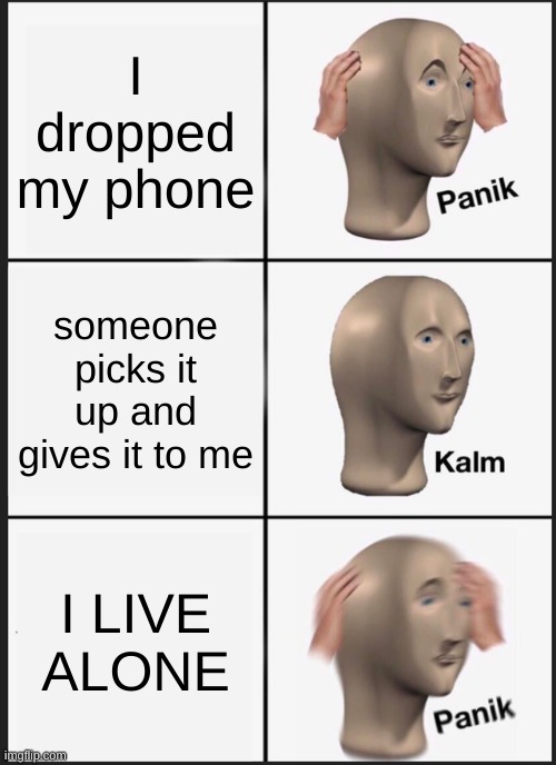 Panik Kalm Panik Meme | I dropped my phone; someone picks it up and gives it to me; I LIVE ALONE | image tagged in memes,panik kalm panik | made w/ Imgflip meme maker