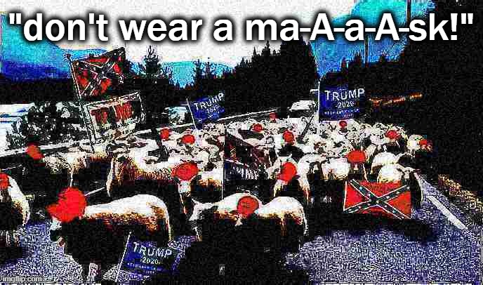 Trump sheeple deep-fried 2 | "don't wear a ma-A-a-A-sk!" | image tagged in trump sheeple deep-fried 2 | made w/ Imgflip meme maker