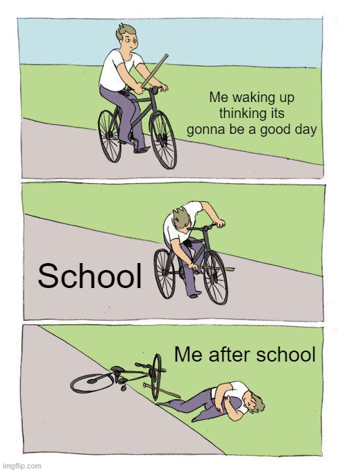 Bike Fall Meme | Me waking up thinking its gonna be a good day; School; Me after school | image tagged in memes,bike fall | made w/ Imgflip meme maker