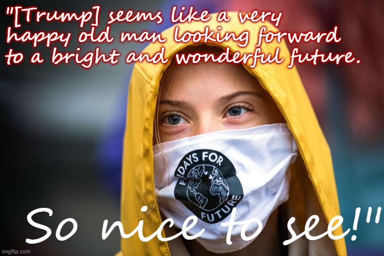 [Greta gets in on the dunking] | "[Trump] seems like a very happy old man looking forward to a bright and wonderful future. So nice to see!" | image tagged in greta thunberg face mask,greta thunberg,greta,trump is an asshole,trump is a moron,donald trump is an idiot | made w/ Imgflip meme maker