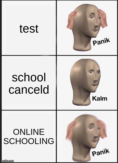 PANIK | test; school canceld; ONLINE SCHOOLING | image tagged in memes,panik kalm panik | made w/ Imgflip meme maker