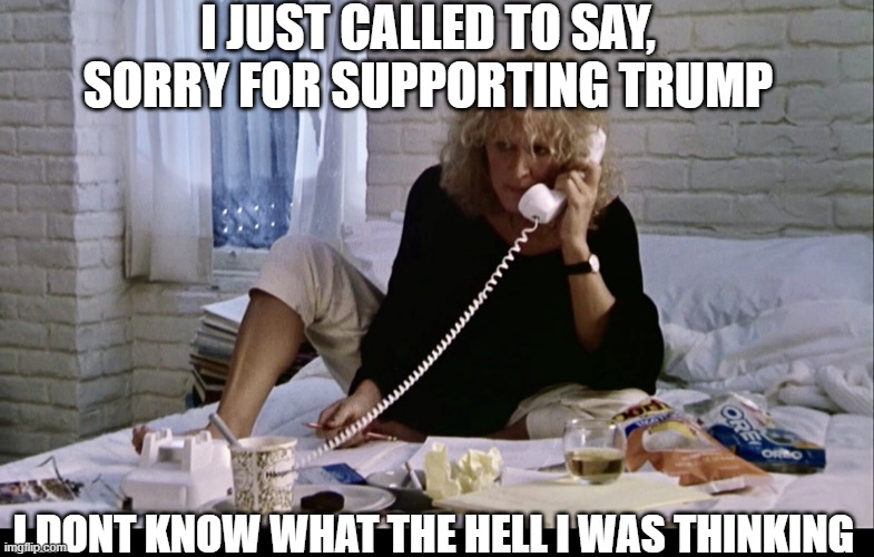 Unemployment Insurance Fatal Attraction Call | I JUST CALLED TO SAY, SORRY FOR SUPPORTING TRUMP I DONT KNOW WHAT THE HELL I WAS THINKING | image tagged in unemployment insurance fatal attraction call | made w/ Imgflip meme maker