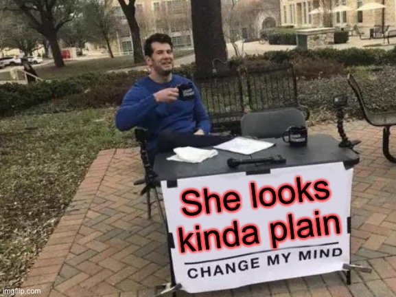 Change My Mind Meme | She looks kinda plain | image tagged in memes,change my mind | made w/ Imgflip meme maker
