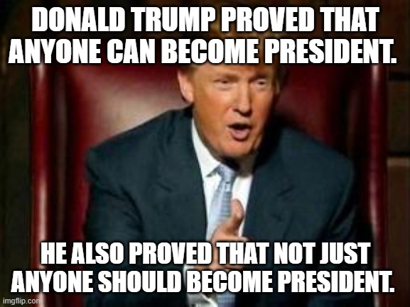 Donald Trump | DONALD TRUMP PROVED THAT ANYONE CAN BECOME PRESIDENT. HE ALSO PROVED THAT NOT JUST ANYONE SHOULD BECOME PRESIDENT. | image tagged in donald trump | made w/ Imgflip meme maker