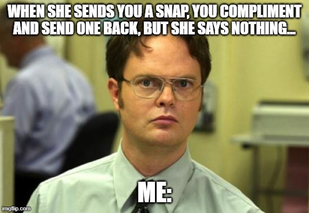 one way | WHEN SHE SENDS YOU A SNAP, YOU COMPLIMENT AND SEND ONE BACK, BUT SHE SAYS NOTHING... ME: | image tagged in memes,dwight schrute | made w/ Imgflip meme maker