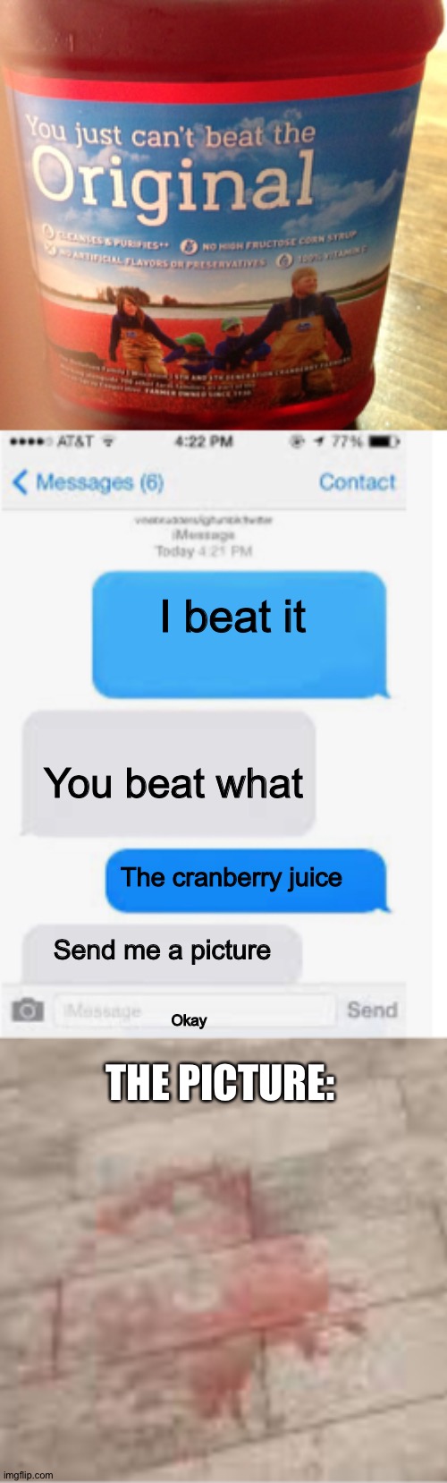 Oof | I beat it; You beat what; The cranberry juice; Send me a picture; Okay; THE PICTURE: | image tagged in blank text conversation | made w/ Imgflip meme maker