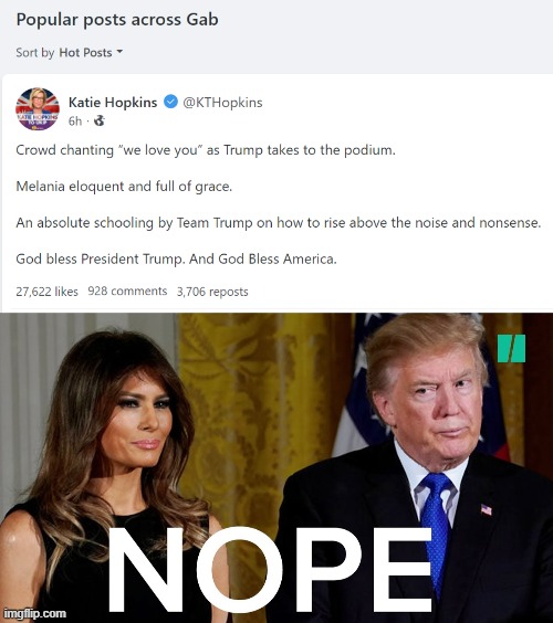 "Eloquent and full of grace" as they bounce out of D.C. without greeting their successors, flouting 150+ years of tradition | image tagged in gab trump troll,melania trump nope | made w/ Imgflip meme maker