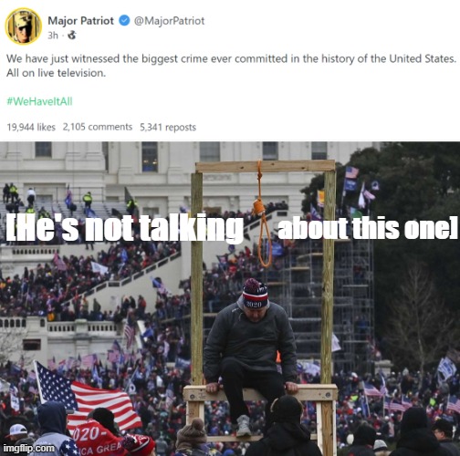 [Curiously, Major Patriot is talking about the events of Jan. 20, not those of Jan. 6] | [He's not talking; about this one] | image tagged in gab major patriot,capitol hill riot gallows | made w/ Imgflip meme maker