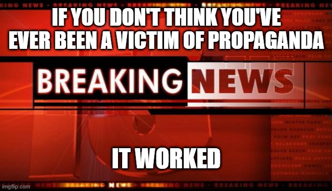 Victims of MSM Propaganda |  IF YOU DON'T THINK YOU'VE EVER BEEN A VICTIM OF PROPAGANDA; IT WORKED | image tagged in breaking news | made w/ Imgflip meme maker