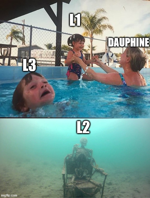 Dauphine drowning | L1; DAUPHINE; L3; L2 | image tagged in drowning kid skeleton | made w/ Imgflip meme maker