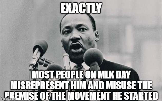 MLK jr. "I have a dream" | EXACTLY MOST PEOPLE ON MLK DAY MISREPRESENT HIM AND MISUSE THE PREMISE OF THE MOVEMENT HE STARTED | image tagged in mlk jr i have a dream | made w/ Imgflip meme maker