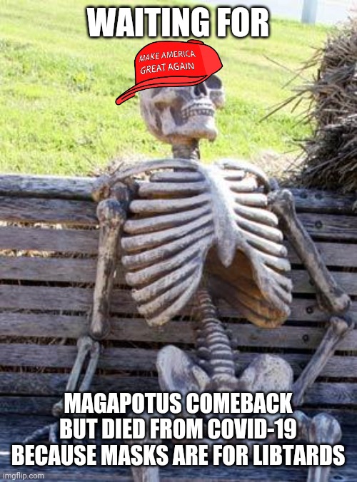 Waiting Skeleton | WAITING FOR; MAGAPOTUS COMEBACK BUT DIED FROM COVID-19 BECAUSE MASKS ARE FOR LIBTARDS | image tagged in memes,waiting skeleton | made w/ Imgflip meme maker