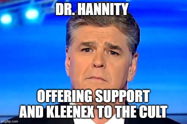 Sad Sean Hannity | DR. HANNITY; OFFERING SUPPORT AND KLEENEX TO THE CULT | image tagged in sad sean hannity | made w/ Imgflip meme maker