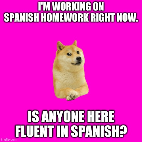 i need help | I'M WORKING ON SPANISH HOMEWORK RIGHT NOW. IS ANYONE HERE FLUENT IN SPANISH? | image tagged in blank hot pink background,funny,funny memes,spanish,lol | made w/ Imgflip meme maker