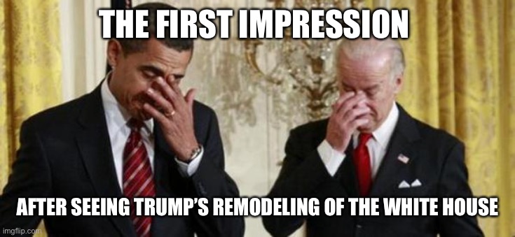 Must of smelled like a McDonalds wrapped in tacky gold leaf | THE FIRST IMPRESSION; AFTER SEEING TRUMP’S REMODELING OF THE WHITE HOUSE | image tagged in biden copycat | made w/ Imgflip meme maker