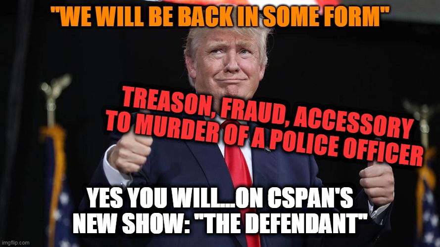 CSPAN's new show: "the defendant" | "WE WILL BE BACK IN SOME FORM"; TREASON, FRAUD, ACCESSORY TO MURDER OF A POLICE OFFICER; YES YOU WILL...ON CSPAN'S NEW SHOW: "THE DEFENDANT" | image tagged in trumptard | made w/ Imgflip meme maker