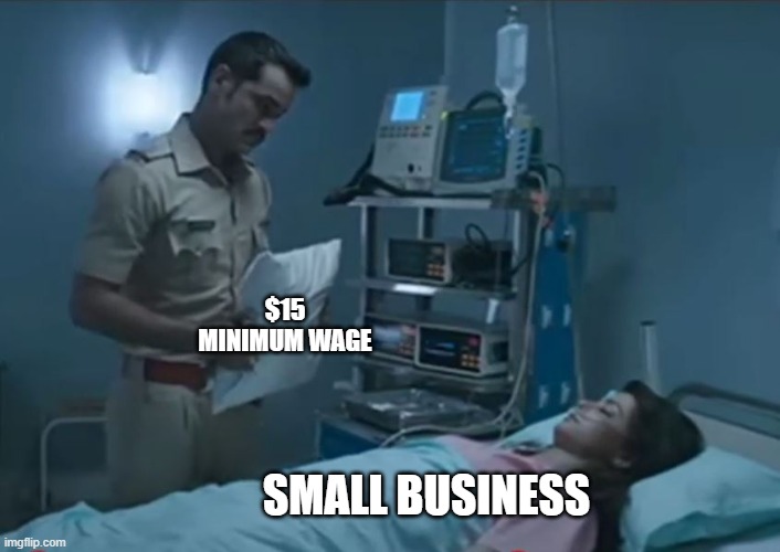 The death of small business | $15 MINIMUM WAGE; SMALL BUSINESS | image tagged in minimum wage | made w/ Imgflip meme maker