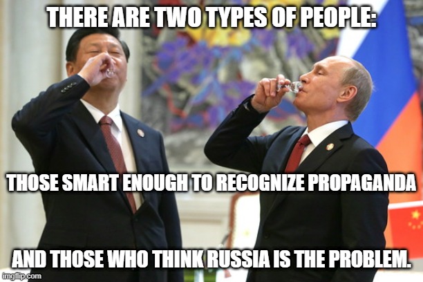 Propaganda — China vs. Russia | THERE ARE TWO TYPES OF PEOPLE:; THOSE SMART ENOUGH TO RECOGNIZE PROPAGANDA; AND THOSE WHO THINK RUSSIA IS THE PROBLEM. | image tagged in xi jinping vladimir putin toast | made w/ Imgflip meme maker