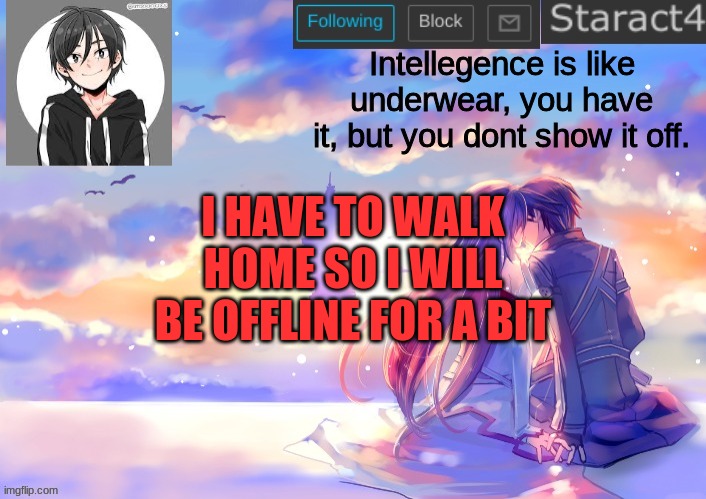 Intellegence is like underwear, you have it, but you dont show it off. I HAVE TO WALK HOME SO I WILL BE OFFLINE FOR A BIT | image tagged in starkugo sword art online announcement template | made w/ Imgflip meme maker