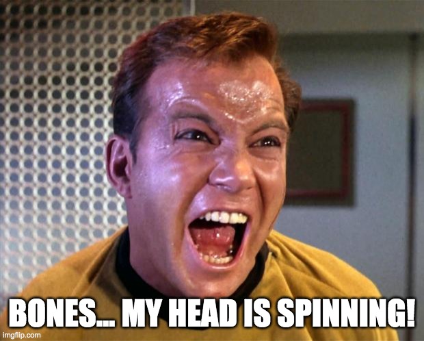 Bones...My Head is Spinning! | BONES... MY HEAD IS SPINNING! | image tagged in captain kirk screaming,spinning,yelling,confusion | made w/ Imgflip meme maker