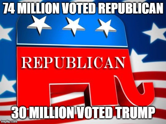 Republican Party | 74 MILLION VOTED REPUBLICAN; 30 MILLION VOTED TRUMP | image tagged in republican party | made w/ Imgflip meme maker