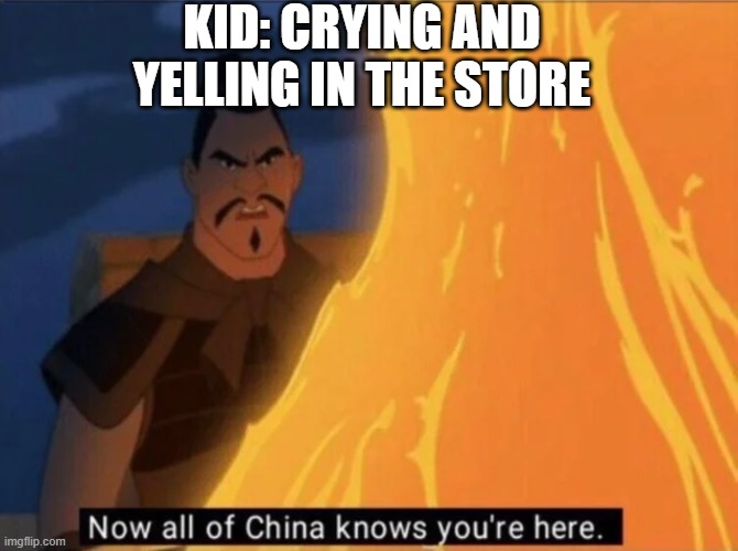 Now all of China knows you're here | KID: CRYING AND YELLING IN THE STORE | image tagged in now all of china knows you're here | made w/ Imgflip meme maker