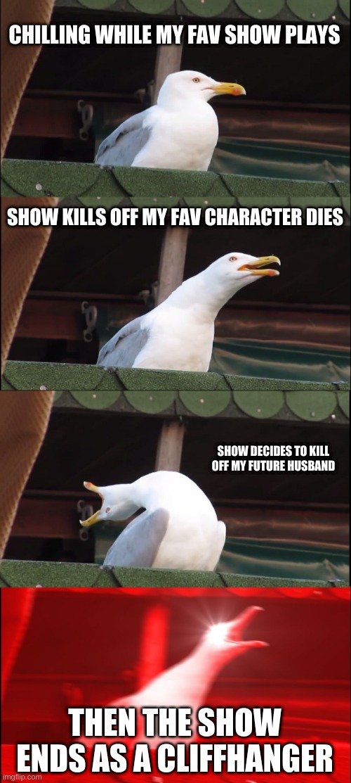 Inhaling Seagull Meme | CHILLING WHILE MY FAV SHOW PLAYS; SHOW KILLS OFF MY FAV CHARACTER DIES; SHOW DECIDES TO KILL OFF MY FUTURE HUSBAND; THEN THE SHOW ENDS AS A CLIFFHANGER | image tagged in memes,inhaling seagull | made w/ Imgflip meme maker