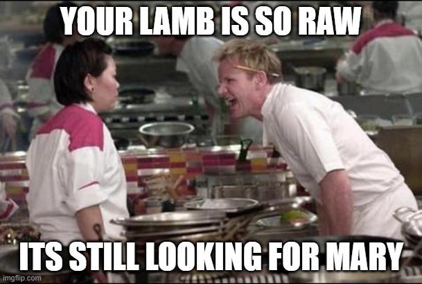 Gordon Ramsay found mary, but... | YOUR LAMB IS SO RAW; ITS STILL LOOKING FOR MARY | image tagged in memes,angry chef gordon ramsay | made w/ Imgflip meme maker