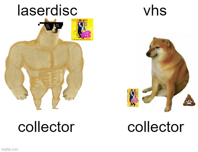 laserdisc vs vhs | laserdisc; vhs; collector; collector | image tagged in memes,buff doge vs cheems | made w/ Imgflip meme maker