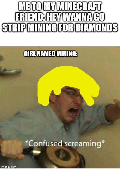 confused screaming | ME TO MY MINECRAFT FRIEND: HEY WANNA GO STRIP MINING FOR DIAMONDS; GIRL NAMED MINING: | image tagged in confused screaming | made w/ Imgflip meme maker