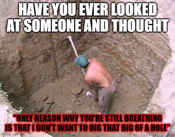 Dig a Hole | HAVE YOU EVER LOOKED AT SOMEONE AND THOUGHT; "ONLY REASON WHY YOU'RE STILL BREATHING IS THAT I DON'T WANT TO DIG THAT BIG OF A HOLE" | image tagged in dig a hole | made w/ Imgflip meme maker