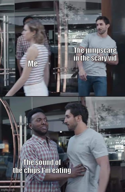 The scary vid | The jumpscare in the scary vid; Me; The sound of the chips I'm eating | image tagged in black guy stopping | made w/ Imgflip meme maker