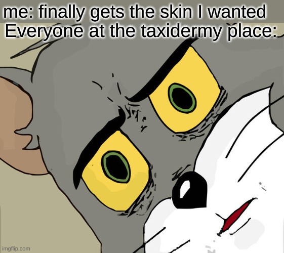 Unsettled Tom Meme | me: finally gets the skin I wanted; Everyone at the taxidermy place: | image tagged in memes,unsettled tom | made w/ Imgflip meme maker