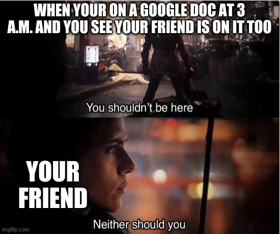 lol | WHEN YOUR ON A GOOGLE DOC AT 3 A.M. AND YOU SEE YOUR FRIEND IS ON IT TOO; YOUR FRIEND | image tagged in you shouldn't be here neither should you | made w/ Imgflip meme maker