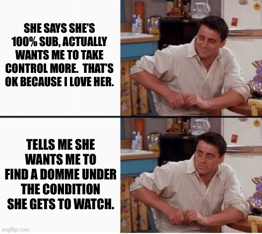 Joey shocked | SHE SAYS SHE’S 100% SUB, ACTUALLY WANTS ME TO TAKE CONTROL MORE.  THAT’S OK BECAUSE I LOVE HER. TELLS ME SHE WANTS ME TO FIND A DOMME UNDER THE CONDITION SHE GETS TO WATCH. | image tagged in joey shocked | made w/ Imgflip meme maker