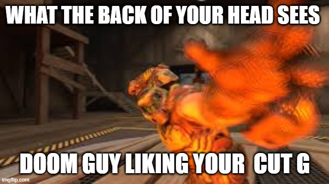 WHAT THE BACK OF YOUR HEAD SEES; DOOM GUY LIKING YOUR  CUT G | image tagged in hahaha | made w/ Imgflip meme maker