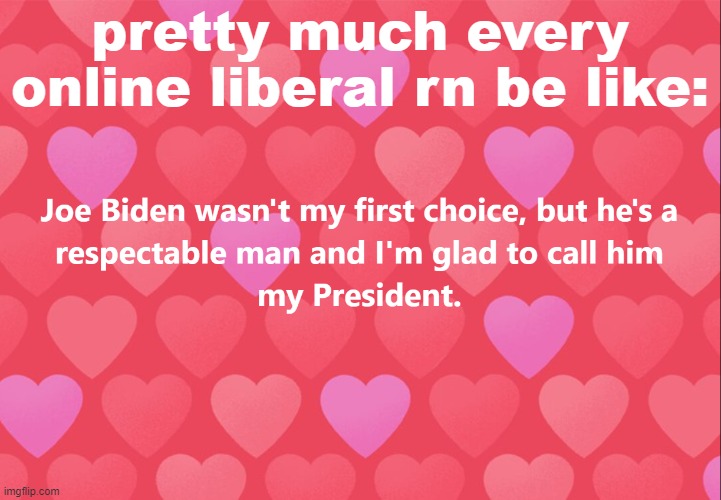 Biden had pretty much no grassroots online activist support in the primaries. But, we cool. | pretty much every online liberal rn be like: | image tagged in joe biden wasn't my first choice,election 2020,2020 elections,joe biden,biden,social media | made w/ Imgflip meme maker