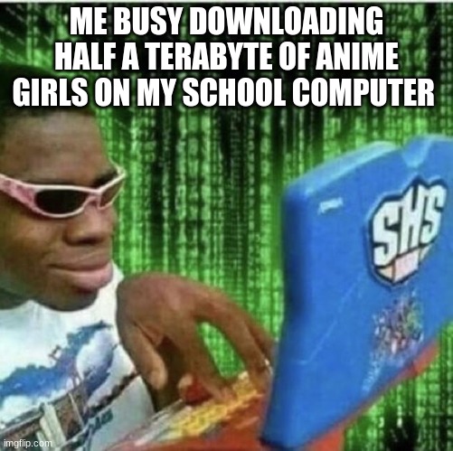 Imma get in trouble | ME BUSY DOWNLOADING HALF A TERABYTE OF ANIME GIRLS ON MY SCHOOL COMPUTER | image tagged in ryan beckford,funny,funny memes,memes,anime | made w/ Imgflip meme maker